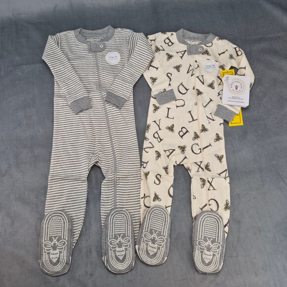 Burts Bees A-Bee-C and Stripes Organic Cotton Snug Fit Footed Sleeper 2 Pack 12M - Picture 1 of 9